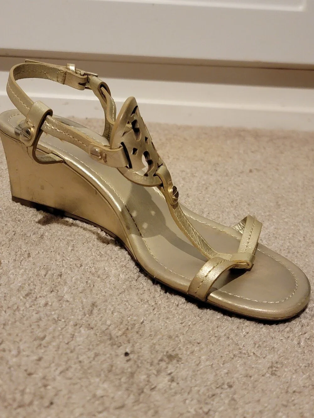 Tory Burch Miller Wedge Sandals Heels Spark Gold Size 7